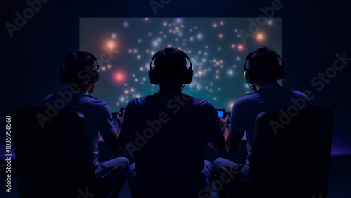 Intriguing Control Panel in Front of Three Men Engrossed in a Video Game, Depicting Excitement and Collaboration in an Entertainment Environment