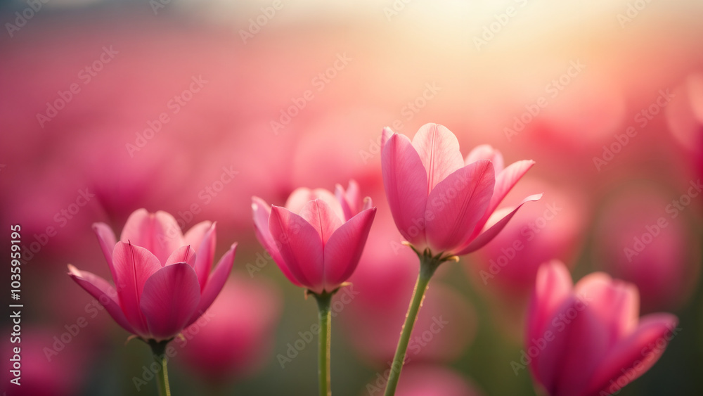 Fototapeta premium A Breathtaking Field of Pink Flowers Captured Through the Lens of a Camera, Celebrating the Vivid Hues and Intricate Details of Nature