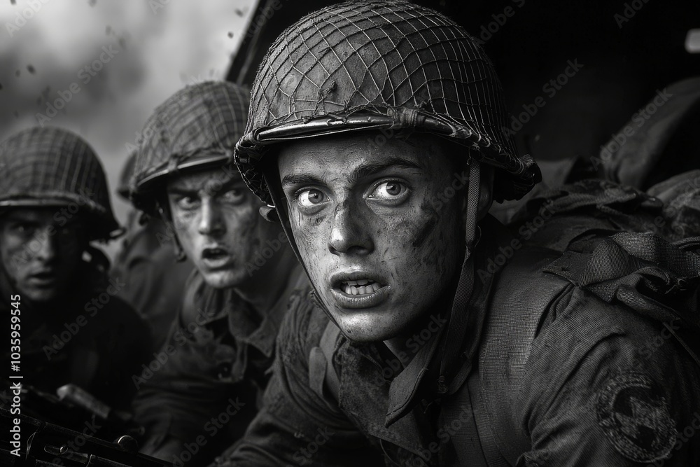 Portrait of a US soldier on a WWII battlefield. Portrait of a US soldier on a WWII battlefield.