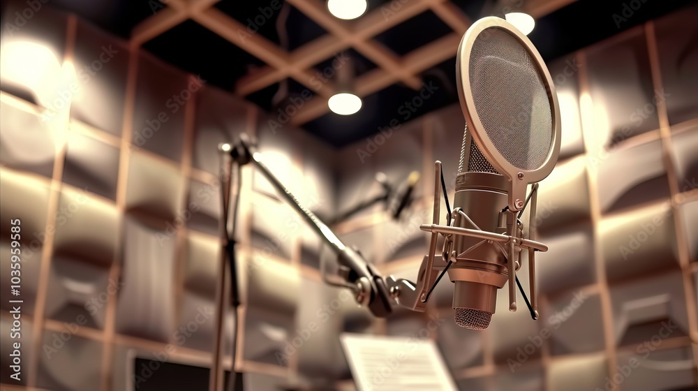Close-up of microphone on stand in soundproof recording studio, positioned in front of script stand, symbolizing voice acting and audio production. Close-up of microphone on stand in soundproof recording studio, positioned in front of script stand, symbolizing voice acting and audio production.