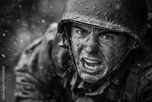 Portrait of a US soldier on a WWII battlefield.