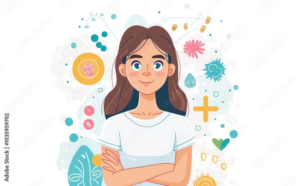Smiling woman with arms crossed, surrounded by abstract colorful shapes and designs. Illustration of confidence and positivity. Smiling woman with arms crossed, surrounded by abstract colorful shapes and designs. Illustration of confidence and positivity.