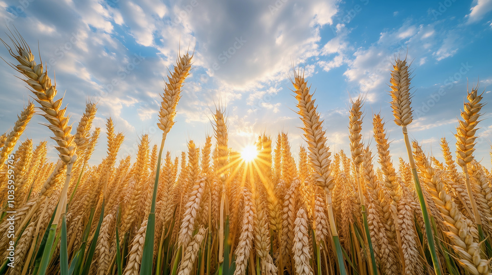 Obraz premium A field of golden wheat with a bright sun shining through the clouds. The sun is casting a warm glow on the wheat, making it look like a golden sea. The sky is mostly clear