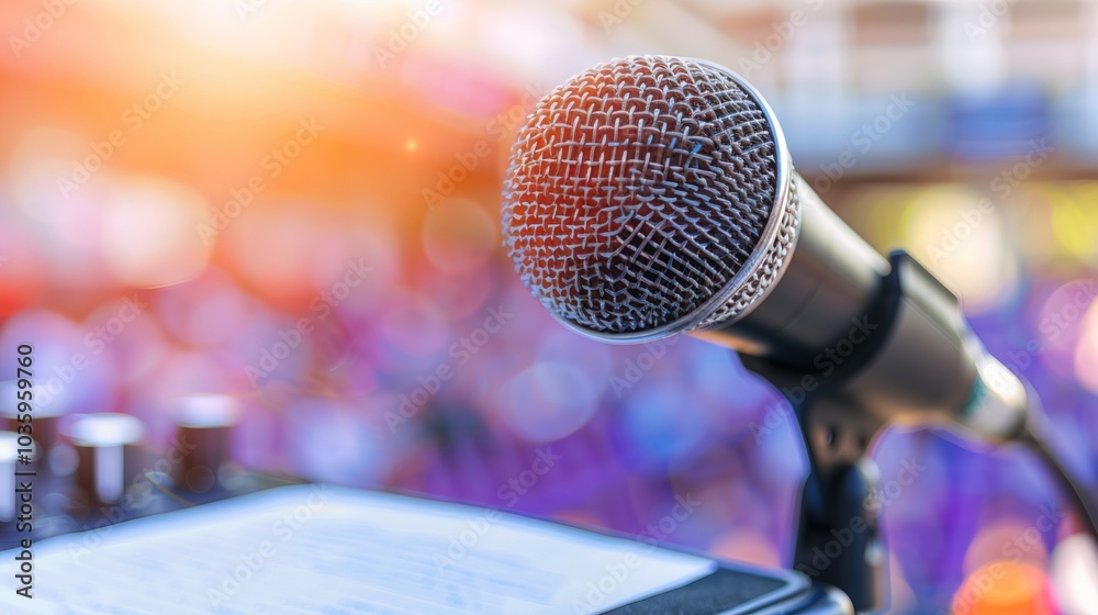 Close-up of microphone on stand in soundproof recording studio, positioned in front of script stand, symbolizing voice acting and audio production. Close-up of microphone on stand in soundproof recording studio, positioned in front of script stand, symbolizing voice acting and audio production.