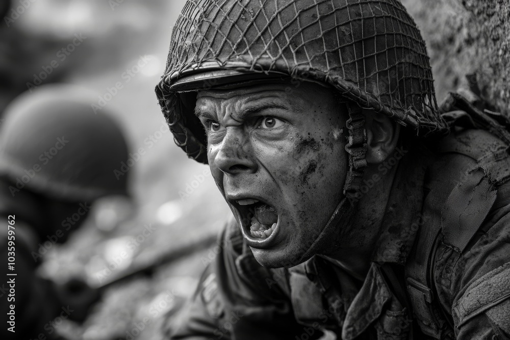 Portrait of a US soldier on a WWII battlefield. Portrait of a US soldier on a WWII battlefield.
