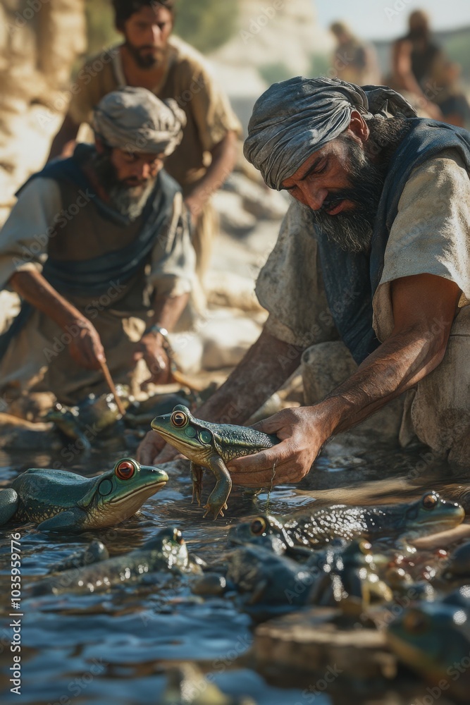 Egyptians gathering frogs, Bible story. Egyptians gathering frogs, Bible story.