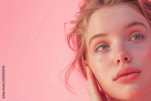 Young girl touching her healthy skin on pink background. Youth and skin care concept