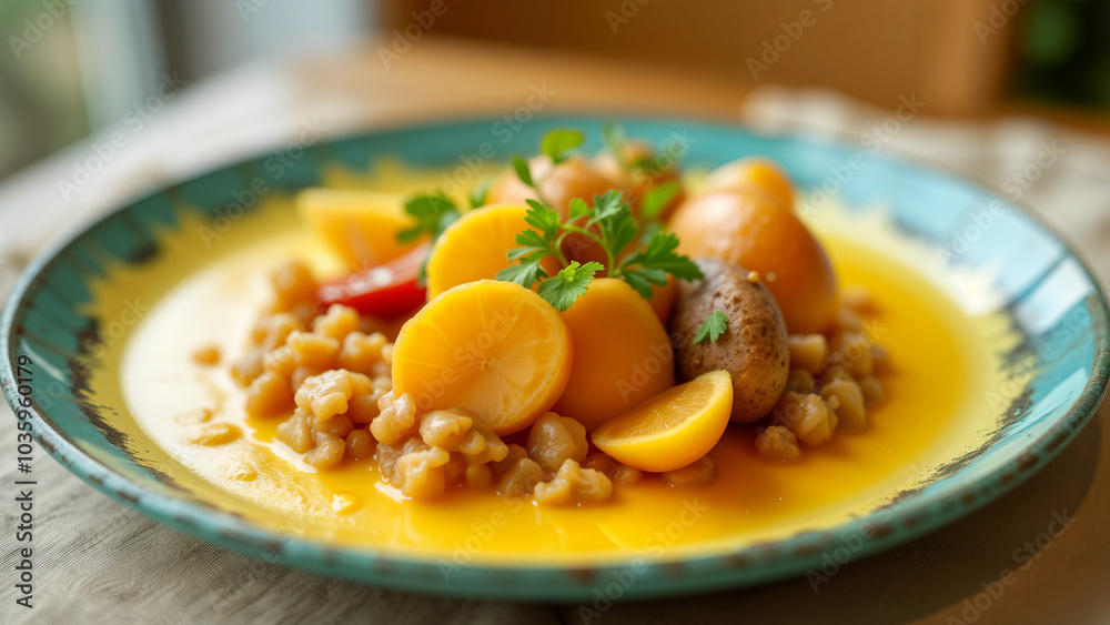 A Vibrant Yellow and Blue Plate Artistically Arranged with Culinary Delights A Vibrant Yellow and Blue Plate Artistically Arranged with Culinary Delights
