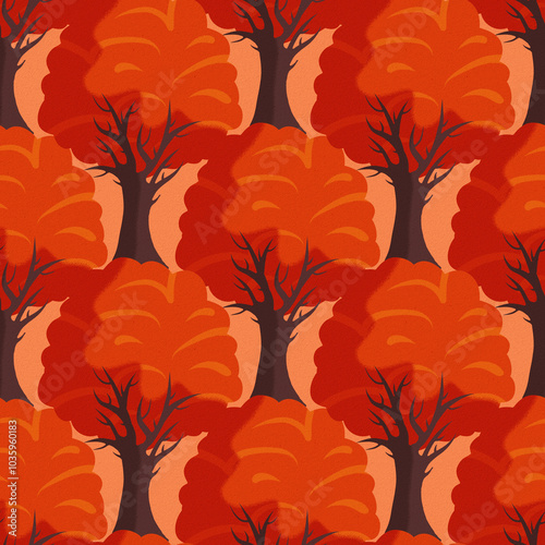Autumn  oak trees. Abstract background in warm colors. Digital print with texture and noise.