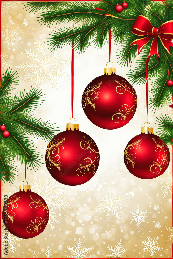 Naklejka premium Red and gold Christmas ornaments hanging from a tree with intricate designs, set against a festive golden background, perfect for holiday marketing and designs. Generative AI