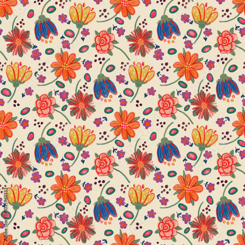 Hand drawning flowers. Digital background in warm colors. Print with texture and noise.