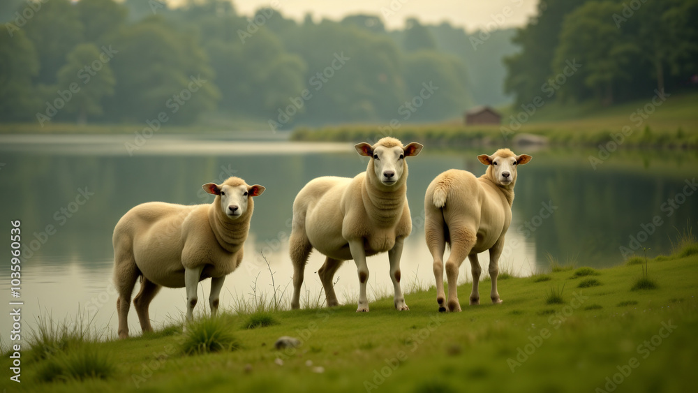 An Idyllic Scene of a Serene Sheep Grazing Peacefully Near the Tranquil Waterfront in Nature An Idyllic Scene of a Serene Sheep Grazing Peacefully Near the Tranquil Waterfront in Nature