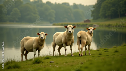 An Idyllic Scene of a Serene Sheep Grazing Peacefully Near the Tranquil Waterfront in Nature
