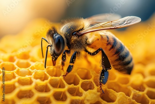 Bee on yellow flowers in a garden on a sunny day with blue sky and clouds, macro photography, honeycomb concept 