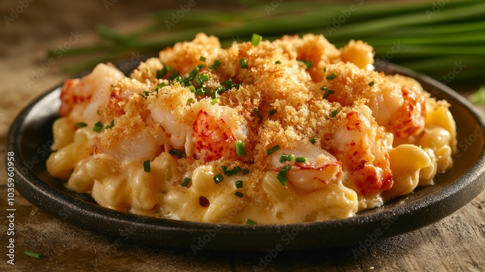 A delectable plate of lobster mac and cheese with chunks of tender lobster meat, baked with a golden breadcrumb topping, Mac and cheese plate centered A delectable plate of lobster mac and cheese with chunks of tender lobster meat, baked with a golden breadcrumb topping, Mac and cheese plate centered