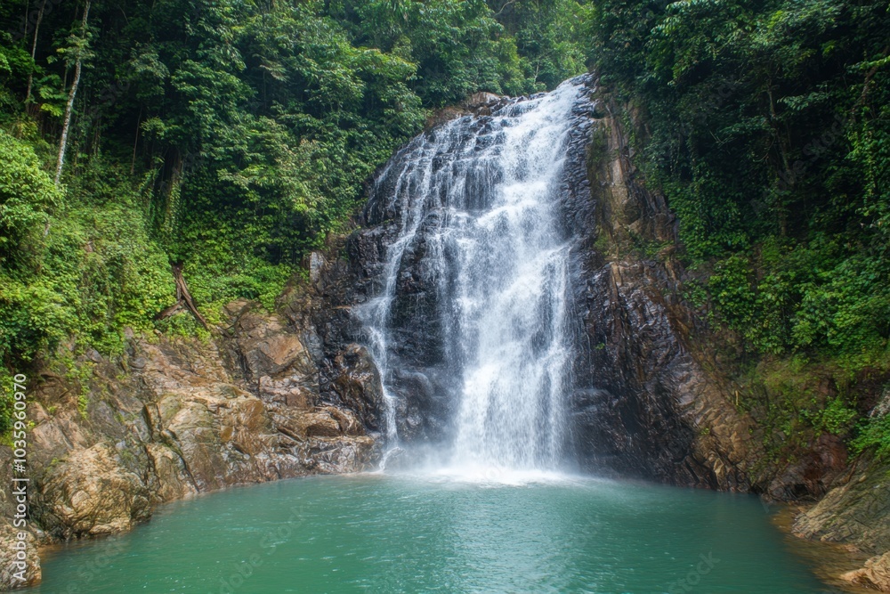 Waterfall in the Blue Ridge Mountains, packed with greenery and water cascading down to a turquoise pool below Generative AI