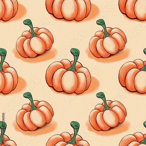 Bright pumpkins.  Background in warm colors. Digital print with texture and noise.