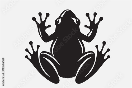 A black silhouette of a frog viewed from above.