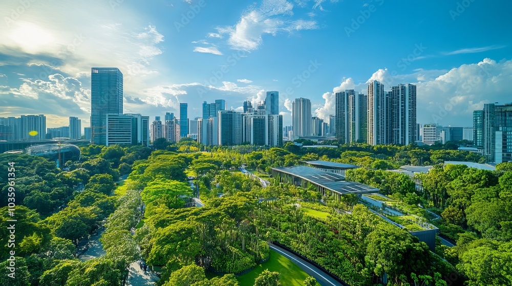 Obraz premium Sustainable city with eco-friendly buildings, low carbon emissions, and green spaces promotes urban biodiversity, creating a harmonious balance between urbanization and nature