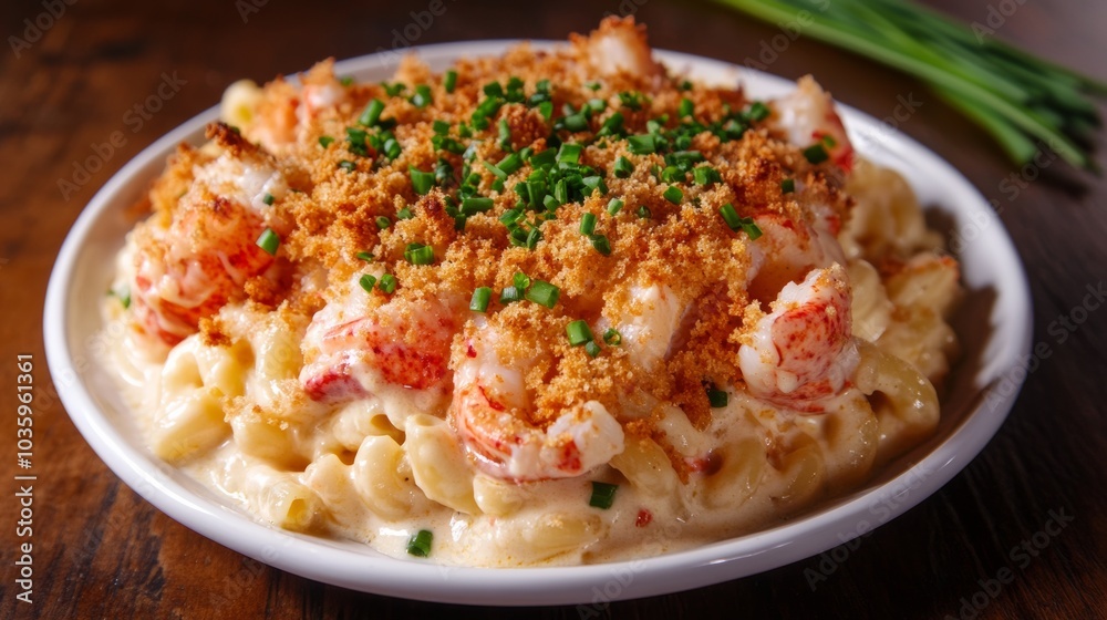 A delectable plate of lobster mac and cheese with chunks of tender lobster meat, baked with a golden breadcrumb topping, Mac and cheese plate centered A delectable plate of lobster mac and cheese with chunks of tender lobster meat, baked with a golden breadcrumb topping, Mac and cheese plate centered