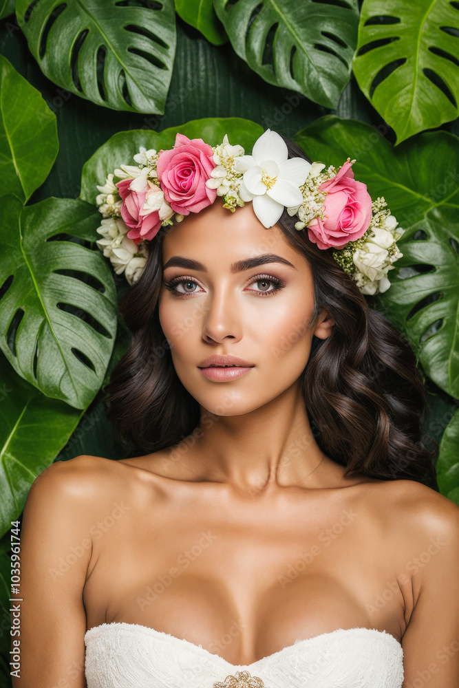 Elegant woman with a floral crown and lush tropical leaves, conveying a harmonious blend of nature and beauty. Generative AI Elegant woman with a floral crown and lush tropical leaves, conveying a harmonious blend of nature and beauty. Generative AI