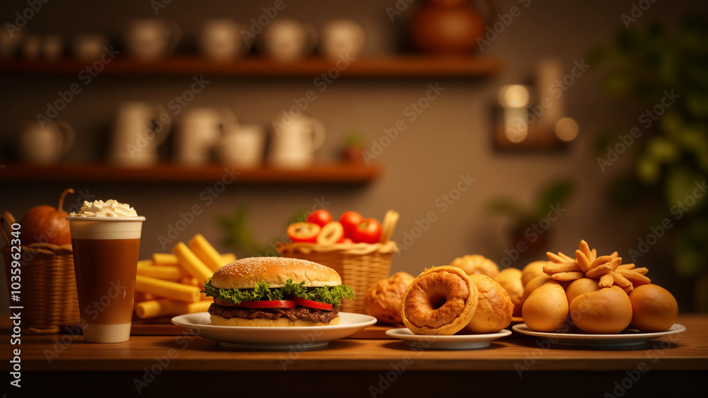 A Delectable Array of Food Items Beautifully Displayed in a Commercial Coffee Shop Showcasing Rich Colors and Textures in an Inviting Setting A Delectable Array of Food Items Beautifully Displayed in a Commercial Coffee Shop Showcasing Rich Colors and Textures in an Inviting Setting