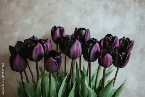 A bouquet of dark purple and charcoal tulips surrounded by flowing deep green leaves set against a gentle tan background