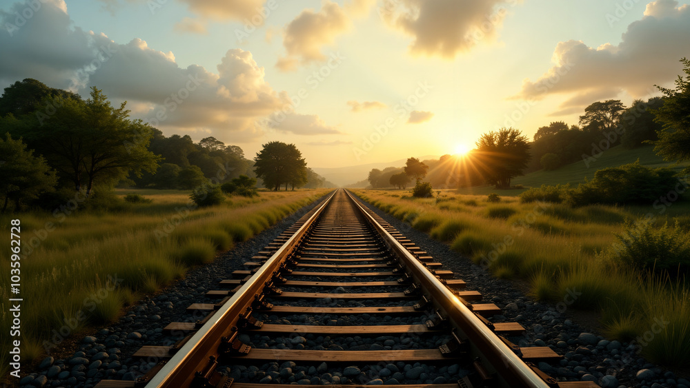 A Picturesque Rail Line Extending into the Distance, Embraced by Lush Landscapes Under a Beautiful Sky A Picturesque Rail Line Extending into the Distance, Embraced by Lush Landscapes Under a Beautiful Sky