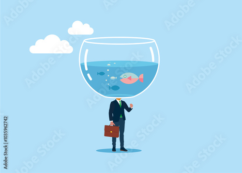 Businessman with a fish bowl with fish instead of a head on shoulders. Thinking outside the box. Modern vector illustration in flat style