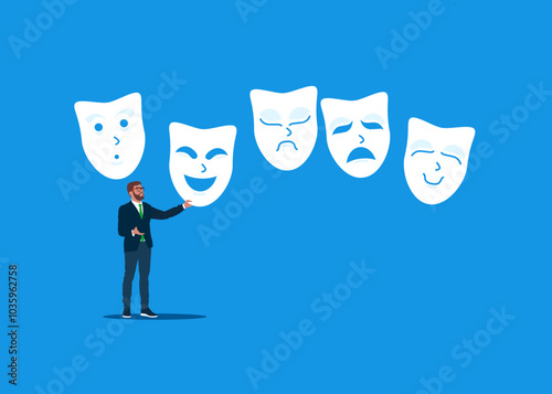 Businessman choosing the right mask to wear. Lies, fraud or defraud your business. Modern vector illustration in flat style