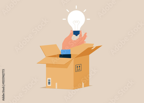 Hand holding white light bulb coming out from a paper box. Modern vector illustration in flat style