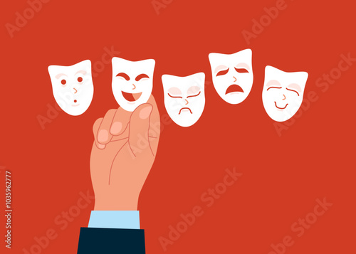 Hand choosing the right mask to wear. Lies, fraud or fake, business cheating or suspicion false. Modern vector illustration in flat style