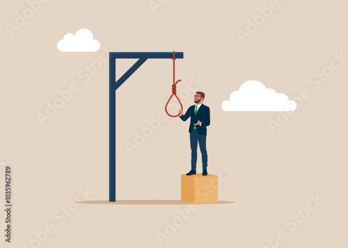 Despairing businessman thinks about hanging himself. Committing suicide. Modern vector illustration in flat style