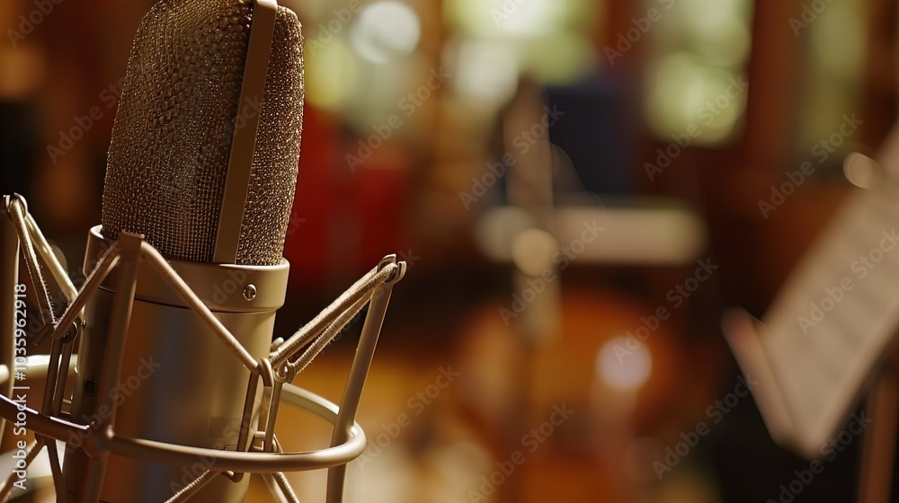Close-up of microphone on stand in soundproof recording studio, positioned in front of script stand, symbolizing voice acting and audio production. Close-up of microphone on stand in soundproof recording studio, positioned in front of script stand, symbolizing voice acting and audio production.