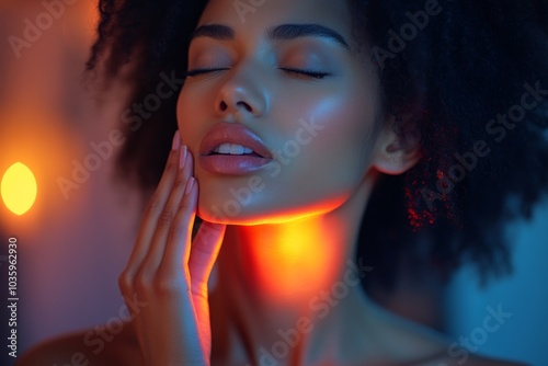 Woman with highlighted neck pain. photo