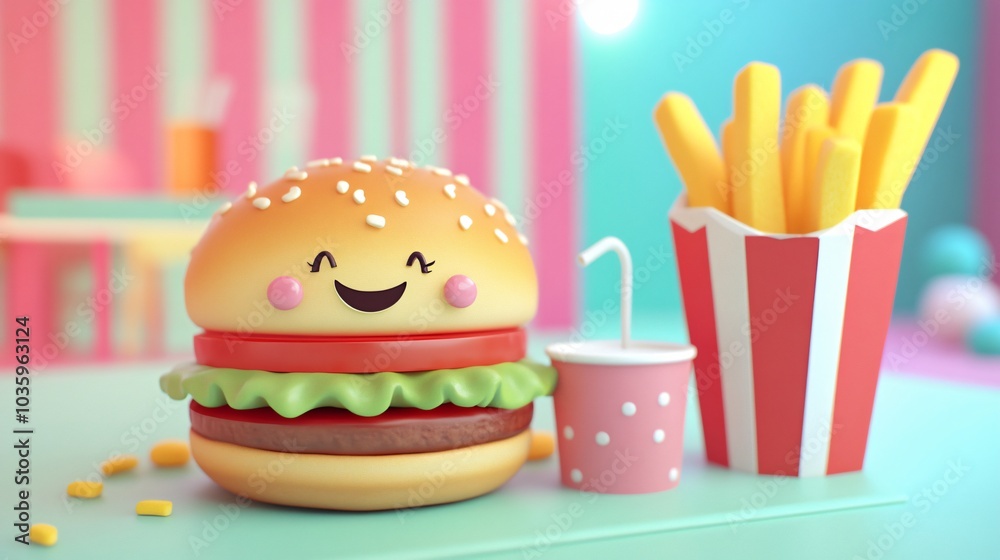 A smiling cartoon burger, fries and drink on a pastel green surface. A smiling cartoon burger, fries and drink on a pastel green surface.
