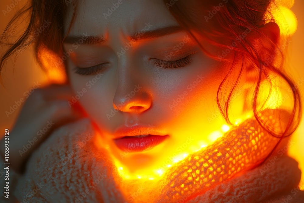 Woman with highlighted neck pain. Woman with highlighted neck pain.