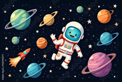 Whimsical space adventure with smiling astronaut and planets in a colorful cosmic scene. photo