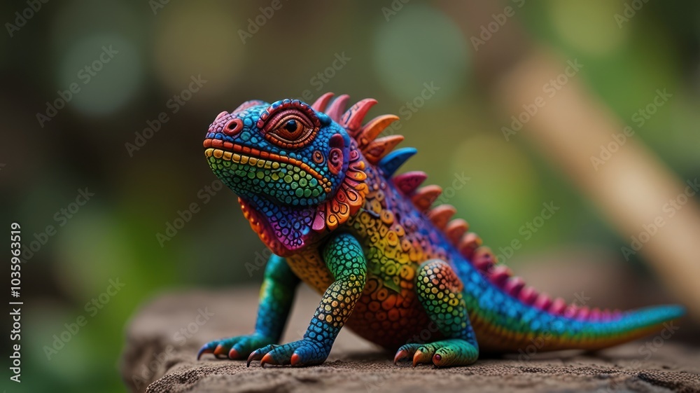 Fototapeta premium A colorful iguana sculpture with a vibrant rainbow paint job sits on a rock with a blurred green background.
