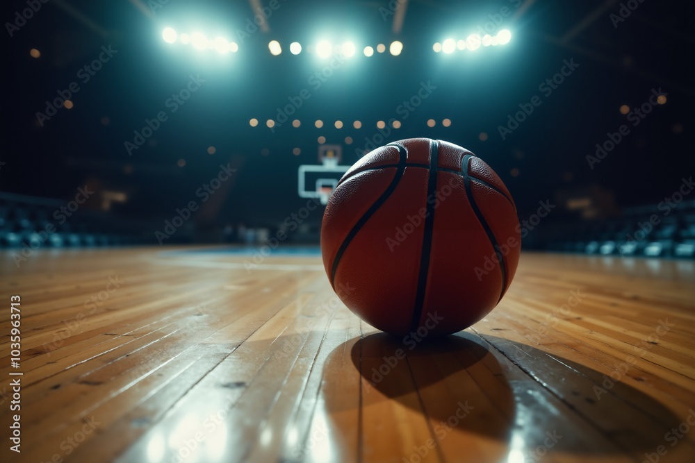 Basketball on court under stadium lights - game time atmosphere. Basketball on court under stadium lights - game time atmosphere.