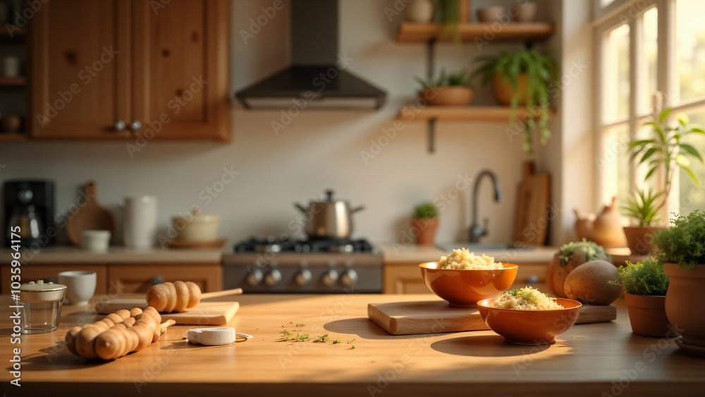 A Cozy Modern Kitchen Filled with Utensils and Ingredients, Creating an Inviting Culinary Space A Cozy Modern Kitchen Filled with Utensils and Ingredients, Creating an Inviting Culinary Space