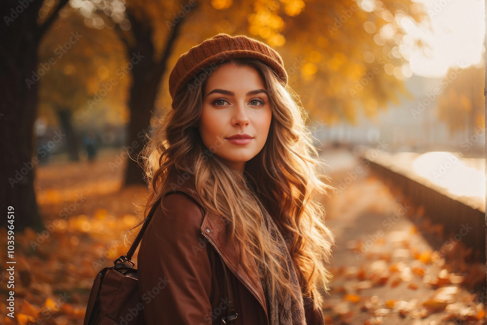 A stunning portrait of a young woman in a cozy autumn setting, with golden leaves in the background and warm light enhancing her natural beauty. Generative AI A stunning portrait of a young woman in a cozy autumn setting, with golden leaves in the background and warm light enhancing her natural beauty. Generative AI