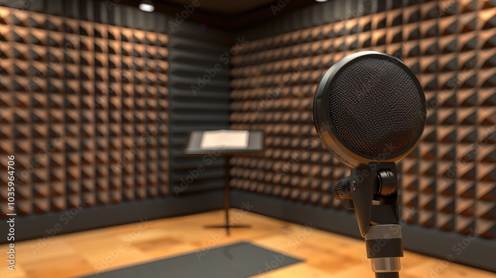 Close-up of microphone on stand in soundproof recording studio, positioned in front of script stand, symbolizing voice acting and audio production. Close-up of microphone on stand in soundproof recording studio, positioned in front of script stand, symbolizing voice acting and audio production.