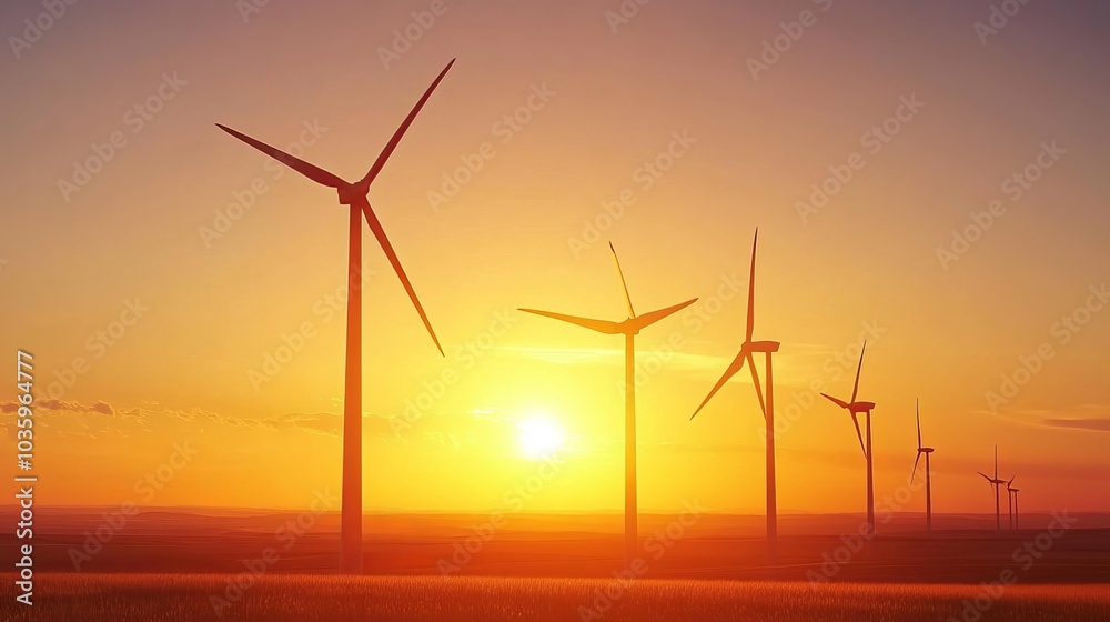 Obraz premium Wind turbines, set against a sunset sky, harness the power of the wind to generate clean, sustainable electricity. This eco-friendly technology contributes to sustainable development