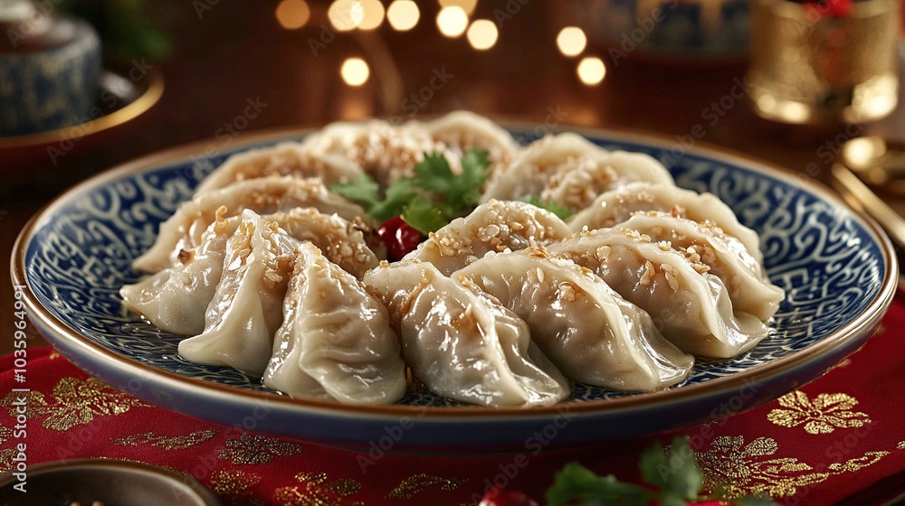 Plate of delicious dumplings on a decorative table. Plate of delicious dumplings on a decorative table.
