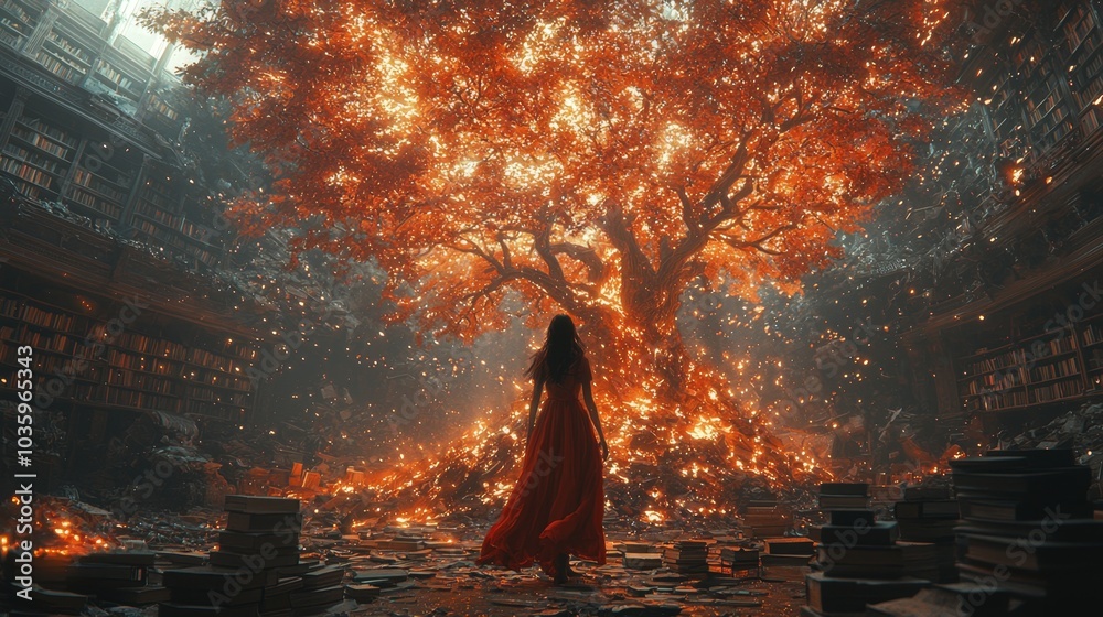 Woman stands in a library with a large glowing tree in the center. The ...