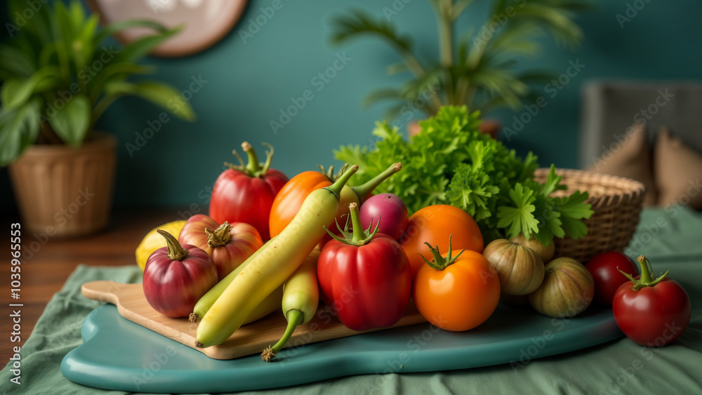 A Warm and Inviting Living Room Aesthetic with a Beautiful Display of Colorful Vegetables on a Teal Blue Board