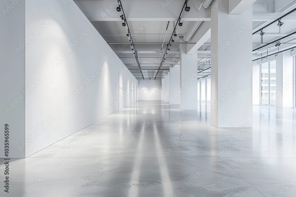 Fototapeta premium Empty White Gallery Room with Spotlights and Windows