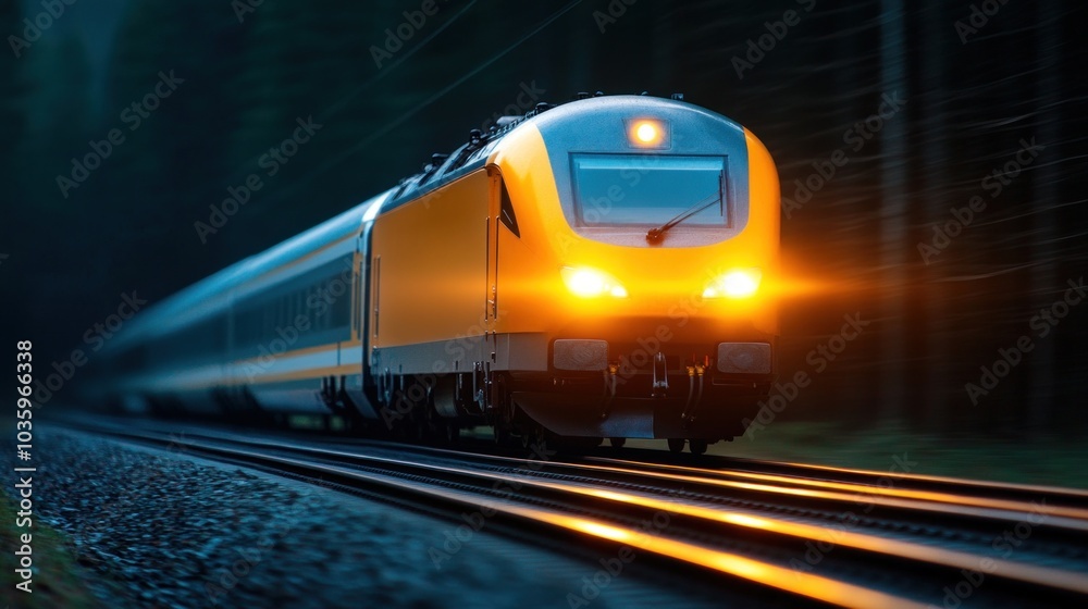 Naklejka premium A sleek yellow train races down a dimly lit railway surrounded by tall trees in the evening