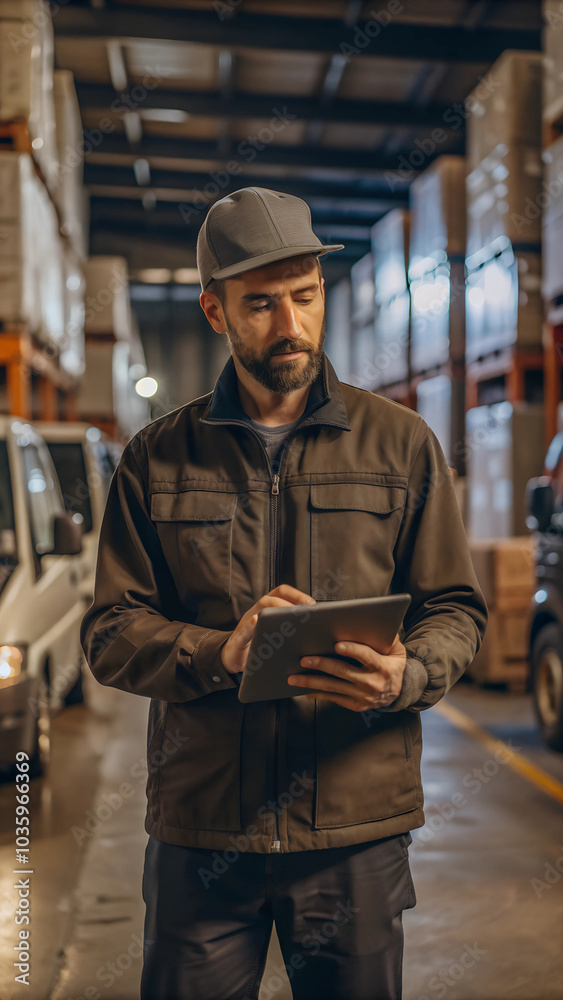 Manager in warehouse holding digital tablet to inspect a row of parked vans, ensuring smooth operations for the business. Logistic concept. Manager in warehouse holding digital tablet to inspect a row of parked vans, ensuring smooth operations for the business. Logistic concept.